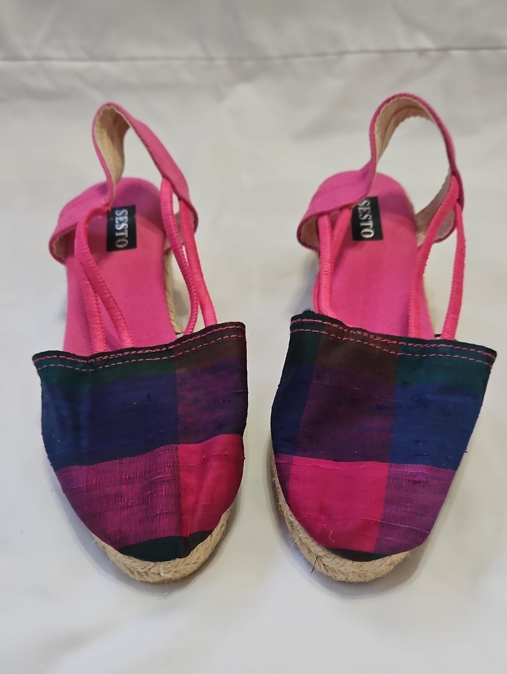 Sesto Meucci Plaid Fabric Espadrille Wedge Sandals Slingback Multi Pink